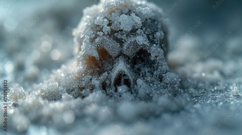 Poster a close-up of sugar granules with a shadow that forms the shape of a skull, implying hidden danger,
