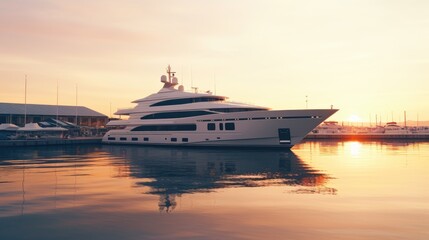 Obraz premium A modern, white yacht near the pier at sunset, side view. Travel and vacation