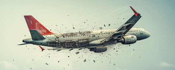 Illustration. Passenger jet airplane, losing side panels and bolts. 