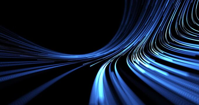 Descending and expanding stream of moving blue lines on black background. Abstract animation.