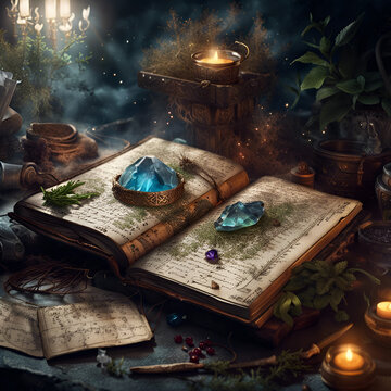 Magic background in vintage style. Digital illustration with open spellbook, candles, crystals, and herbs. Concept of Halloween, witchcraft, esoterics. CG Artwork Background