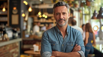 Fototapeta premium Cafe entrepreneur male smiling happy working in modern coffee shop, Hispanic 40s man standing at counter bar barista interacting with customers. Busy morning atmosphere, small business owner lifestyle
