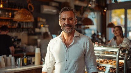 Obraz premium Cafe entrepreneur male smiling happy working in modern coffee shop, Hispanic 40s man standing at counter bar barista interacting with customers. Busy morning atmosphere, small business owner lifestyle