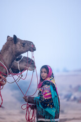 Portrait of an young Indian rajasthani woman in colorful traditional dress carrying camel at Pushkar Camel Fair ground during winter foggy morning.