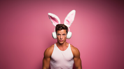 Muscular man in a tank top sporting, confident male with fluffy bunny ears and white headphones on...