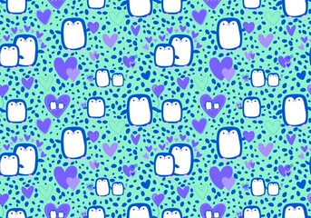 Valentines hearts seamless penguin and love pattern for wrapping paper and fabrics and linens and kids clothes