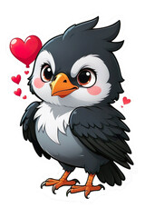 Fototapeta premium Detailed illustration of a cute crow with hearts on a transparent background. Cute character for cartoon, sticker