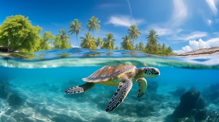 Fotobehang Big old rare endangered sea turtle cruises near tropical island beach and coral reef. Chelonia mydas swimming in the warm clean waters. Split over/underwater view with waterline © alesia0604