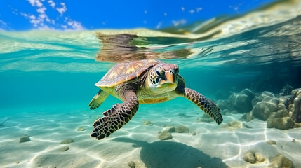 Fototapeta premium Big old rare endangered sea turtle cruises near tropical island beach and coral reef. Chelonia mydas swimming in the warm clean waters. Split over/underwater view with waterline
