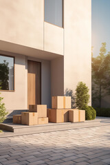Fototapeta premium Parcels are standing near the front door. Cardboard boxes stand near the entrance. Modern house