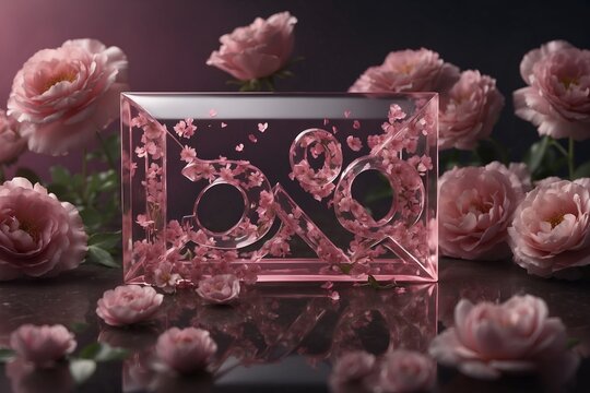 3d glass envelope with name "A” 3d pink effect,with heart and flowers oso Teddy background, flowers, hearts, dark fantasy, fashion, 3d render, typography, photo