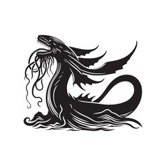 Leviathan's Whisper: Enchanting Silhouettes of the Mystical Sea Monster Whispers Echoing Through the Vast Ocean - Leviathan Illustration - Sea Monster Vector Illustration - Leviathan Vector
