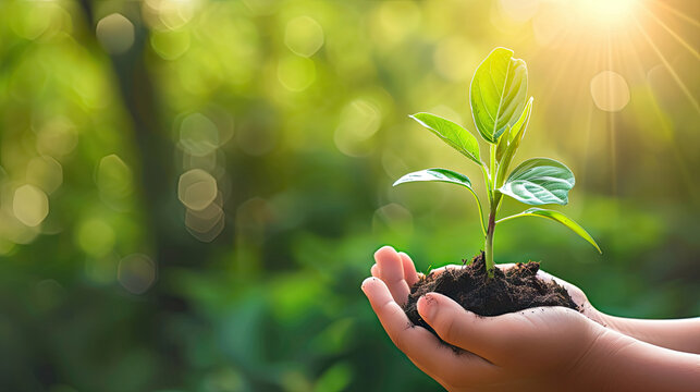 hand young woman holding young plant with sunlight on green nature background. concept eco earth day, Growing concept eco