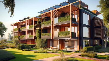 Modern eco-friendly multifamily homes with photovoltaic cells. eco house