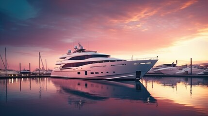 A modern, white yacht near the pier at sunset, side view. Travel and vacation - obrazy, fototapety, plakaty