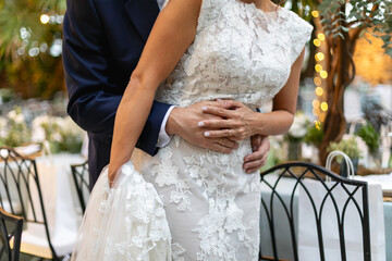 novia, boda, beldad, nupcial, falda, mano, mujer, amor, mano, novio, anillas, casado, ceremonia, par