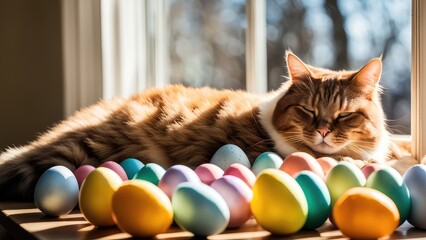 Fototapeta na wymiar A cat and Easter eggs. The cat is lying on the window in the rays of the spring sun with Easter eggs.