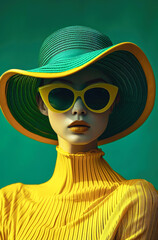 Summer seductive blue-yellow portrait of a young elegant woman, full lips and an irresistible look. Fashion style and expensive attitude.