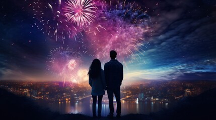 a couple viewing fireworks under the sky