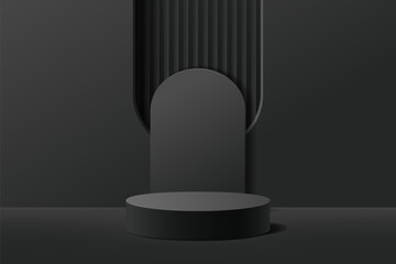 3D black cylindrical pedestal podium with a backdrop of geometric abstract arched window