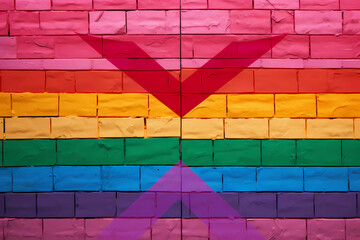 Rainbow Flag Wallpaper With Two Arrows, A Brick Wall With A Rainbow Flag Painted On It
