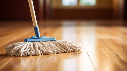 Close-up of a mop on a parquet floor in a room. Cleanliness and cleaning of the house