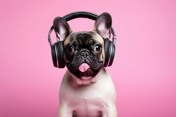 The most adorable dog in a stylish ensemble, listening to a catchy tune through headphones against a soft pink background.