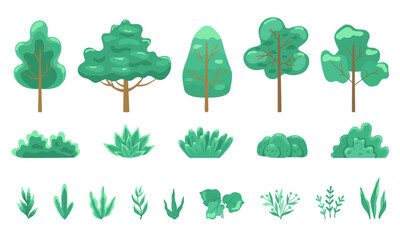 Set with cartoon simple trees bushes plants. Bright flat vector illustration collection for design.