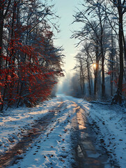 Winter Forrest, A Snow Covered Road With Trees And Red Leaves