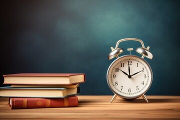 Naklejka premium Alarm clock and stack of books on wooden table. Back to school concept Ai generated