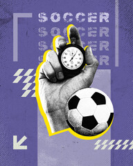 Hand holding a stopwatch next to a soccer ball on purple background. Modern design. Time management...