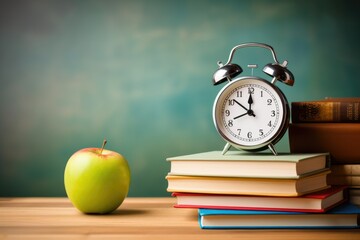 Naklejka premium Alarm clock and stack of books on wooden table. Back to school concept Ai generated