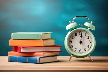 Alarm clock and stack of books on wooden table. Back to school concept Ai generated