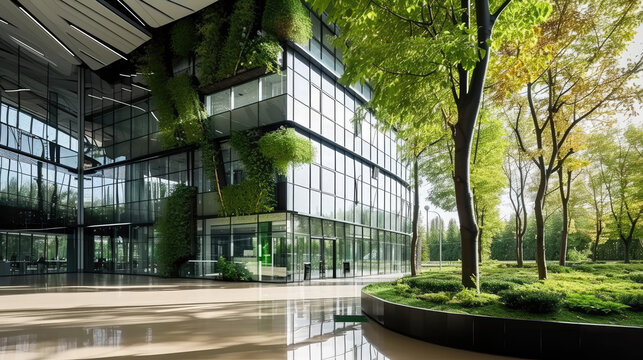 Eco-friendly interior office building in the modern city. Sustainable glass office building with tree for reducing heat and carbon dioxide. Office building with green environment. 