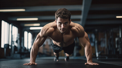 Fototapeta na wymiar a man with healthy muscular body doing push ups in gym