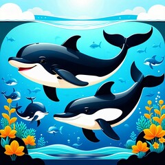 Obraz na płótnie Canvas cute whale cartoon vector illustration, Generated AI