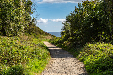 Fototapeta na wymiar A pathway towards the ocean, at Porthcurno in Cornwall