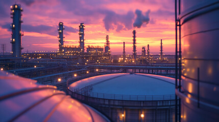 Oil and gas refinery plant industrial zone. Refinery factory oil storage tank - obrazy, fototapety, plakaty