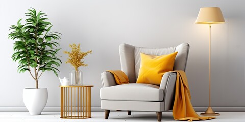 Stylish and luxurious interior with honey yellow armchair, gray frame, gold lamp, mirror, plant, pillow, and elegant accessories. Modern living room decor. Actual image. Template.