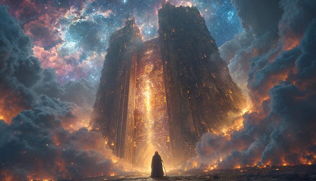 A Wizard's Journey Through the Fire Stones: A Magical Night Sky Adventure Generative AI