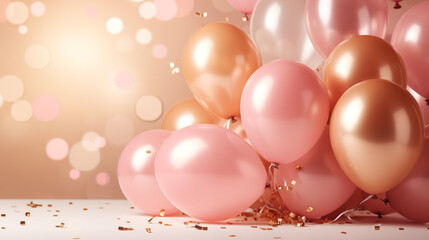 festive background in gold pastel rose pink color metallic balloons, confetti and ribbons, luxury balloon