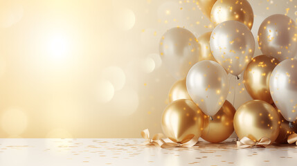 Festive background with gold and beige metallic balloons, confetti and ribbons, luxury balloon