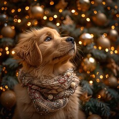 Golden Retriever in a Scarf: A Festive and Fashionable Christmas Photo Generative AI