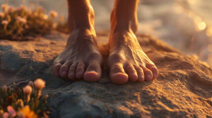 Barefoot veins trace earth's wisdom, gaze meets boundless horizon. Blurred waves whisper, wildflowers bloom at feet. Centered stillness, vastness unfurls.yogi and nature.