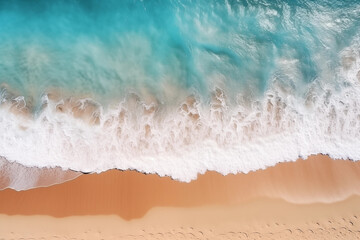 Fototapeta na wymiar Splashing sea waves on the sand beach. Beautiful natural background at the summer time. Aerial top view of waves in tropical blue rmerald turquoise ocean