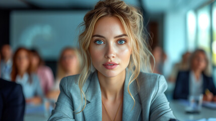 Portrait of a beautiful blonde woman in a office meeting room.