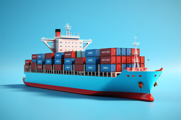 An ocean-going cargo ship full of containers. 3D render. Ai generate.