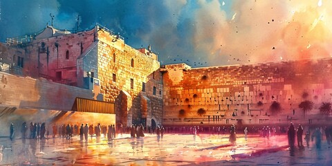Fototapeta premium A Colorful Sunset at the Western Wall Generative AI