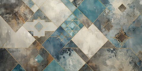 A gray and teal colored print abstract background design in grungy patchwork style