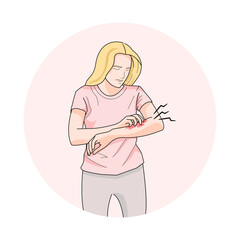  illustration of an unhappy suffering woman scratching the skin on her hand. Various skin problems, such as allergies, psoriasis, itching, atopic dermatitis, eczema, dryness, redness.